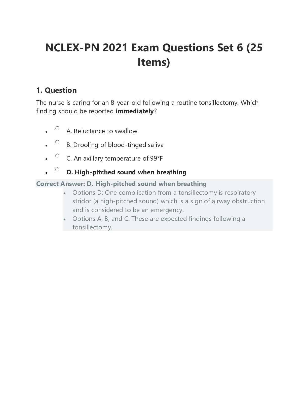 Preview image for NCLEX-PN 2021 Exam Questions Set 5 (25 Items)